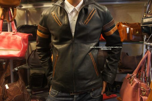 เสื้อ Jacket แขนแถบหนังวัวแท้