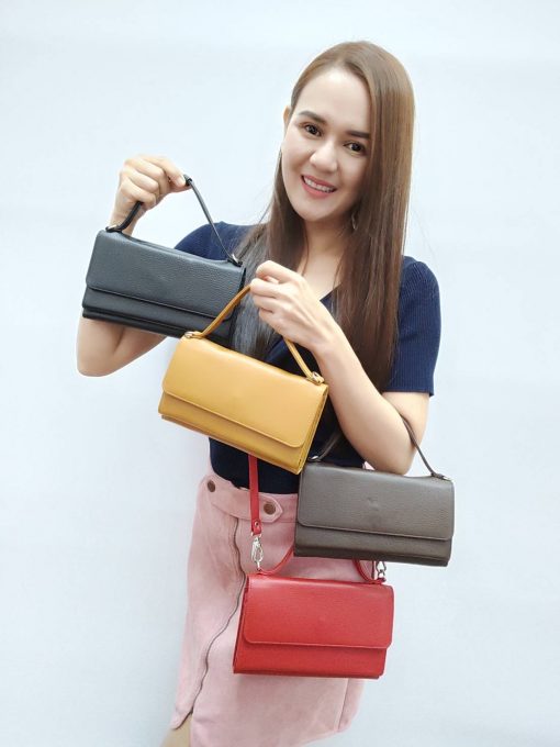 #กระเป๋าสตางค์ยาวหนังแท้ มีหูถือ สายยาวแบบสะพายได้ หนังชามัวร์พ่น - Image 2