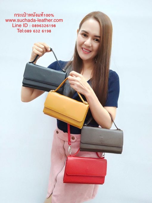 #กระเป๋าสตางค์ยาวหนังแท้ มีหูถือ สายยาวแบบสะพายได้ หนังชามัวร์พ่น